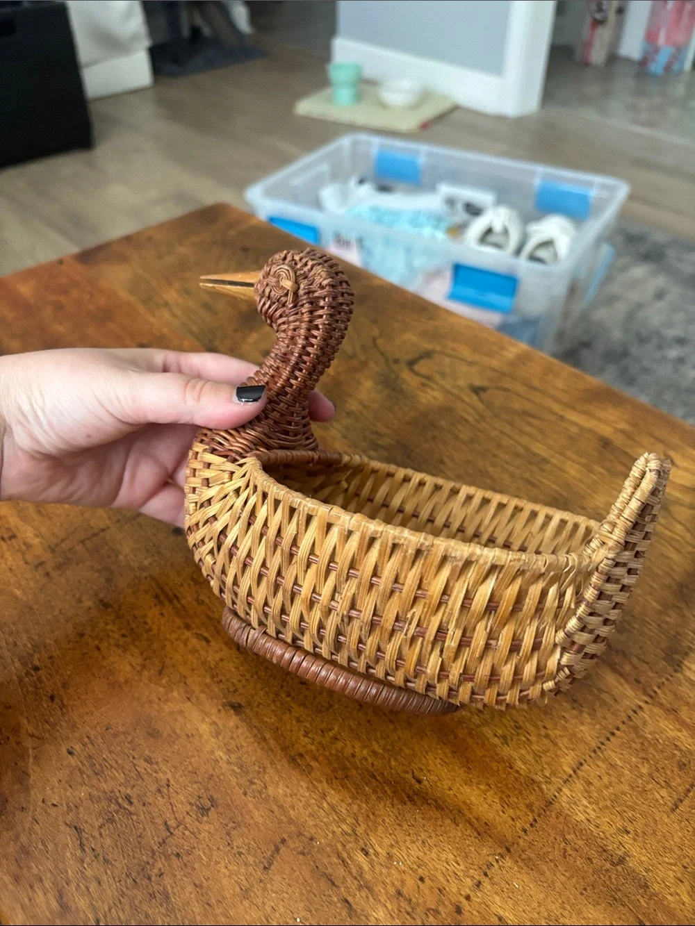 Vintage Mid Century Modern Quirky Handwoven Duck Small Decorative Basket